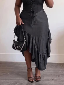 Slaydiva Plus Size Asymmetrical Ruffle High Slit Midi Skirt, Elegant Casual Going Out Date Night Party Skirt For Fall Autumn Women Gray - Grey - View 2