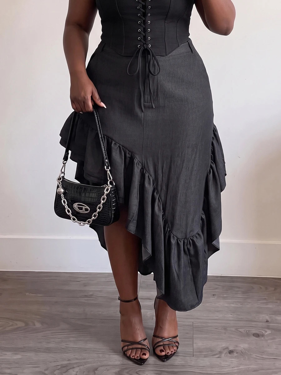 Slaydiva Plus Size Asymmetrical Ruffle High Slit Midi Skirt, Elegant Casual Going Out Date Night Party Skirt For Fall Autumn Women Gray
