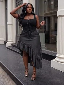 Slaydiva Plus Size Asymmetrical Ruffle High Slit Midi Skirt, Elegant Casual Going Out Date Night Party Skirt For Fall Autumn Women Gray - Grey - View 5