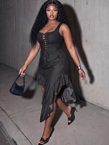 Slaydiva Plus Size Asymmetrical Ruffle High Slit Midi Skirt, Elegant Casual Going Out Date Night Party Skirt For Fall Autumn Women Gray - Grey - View 6