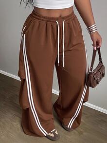 Slaydiva Plus Size Striped Colorblock Drawstring Sweatpants, Casual Joggers Wide Leg Lounge Pants For Summer Curvy Airport Formal Brown - Brown - View 6