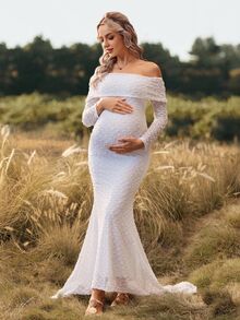 Cheriluna Maternity Maternity Wedding Photoshoot Maternity Elegant Sexy Maternity Party Baby Shower Party Photoshoot Dress Allover White Winter Wedding - White - View 6