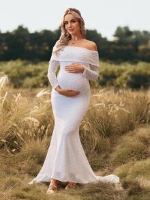 Cheriluna Maternity Maternity Wedding Photoshoot Maternity Elegant Sexy Maternity Party Baby Shower Party Photoshoot Dress Allover White Winter Wedding - White - View 5