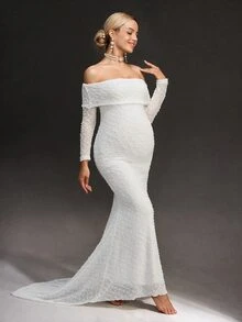 Cheriluna Maternity Maternity Wedding Photoshoot Maternity Elegant Sexy Maternity Party Baby Shower Party Photoshoot Dress Allover White Winter Wedding - White - View 1