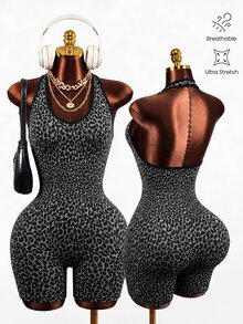 Mistrie Grey Leopard Print Halter Neck Backless Seamless Fitness & Sports Jumpsuit - Dark Grey - View 1