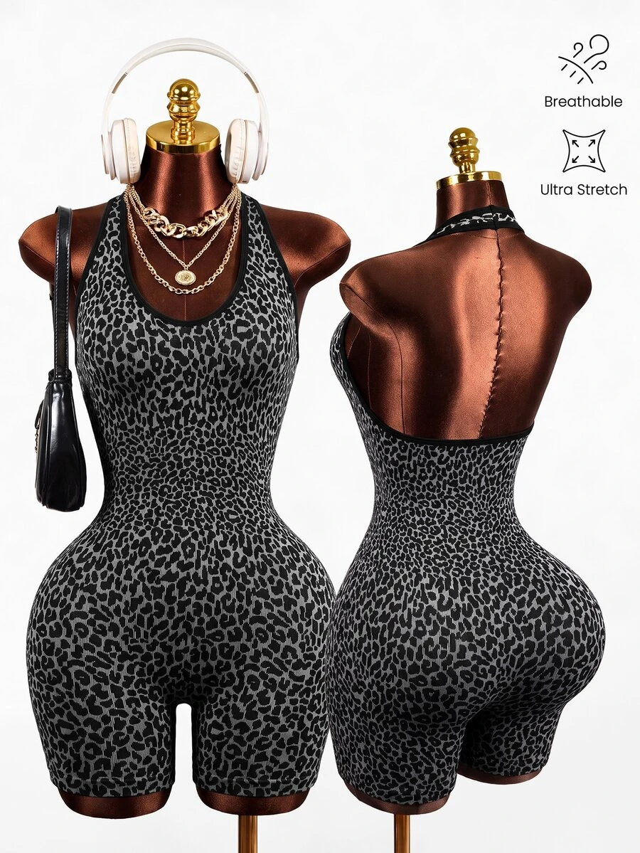 Mistrie Grey Leopard Print Halter Neck Backless Seamless Fitness & Sports Jumpsuit - Dark Grey - View 1