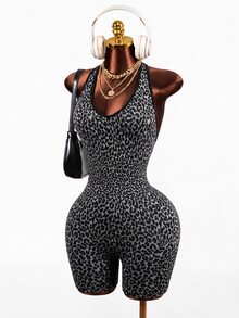 Mistrie Grey Leopard Print Halter Neck Backless Seamless Fitness & Sports Jumpsuit - Dark Grey - View 6