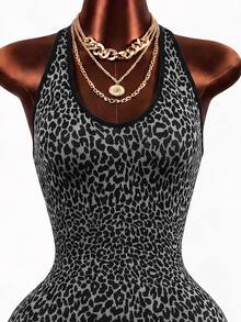 Mistrie Grey Leopard Print Halter Neck Backless Seamless Fitness & Sports Jumpsuit - Dark Grey - View 7