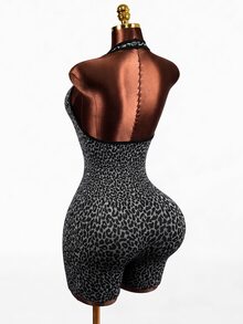Mistrie Grey Leopard Print Halter Neck Backless Seamless Fitness & Sports Jumpsuit - Dark Grey - View 3