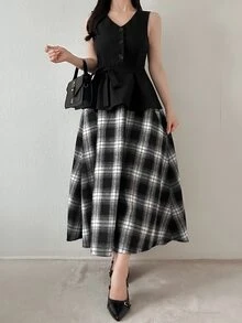 FRIFUL Gaun Panjang Wanita Motif Kotak-kotak Musim Gugur 2 in 1 - Hitam - View 4