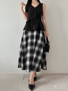 FRIFUL Gaun Panjang Wanita Motif Kotak-kotak Musim Gugur 2 in 1 - Hitam - View 6