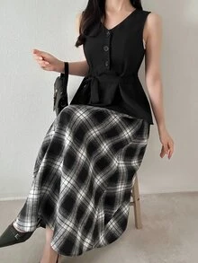 FRIFUL Gaun Panjang Wanita Motif Kotak-kotak Musim Gugur 2 in 1 - Hitam - View 8