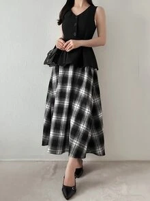 FRIFUL Gaun Panjang Wanita Motif Kotak-kotak Musim Gugur 2 in 1 - Hitam - View 5