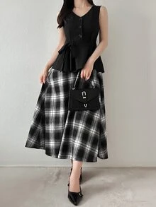 FRIFUL Gaun Panjang Wanita Motif Kotak-kotak Musim Gugur 2 in 1 - Hitam - View 9