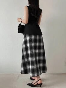 FRIFUL Gaun Panjang Wanita Motif Kotak-kotak Musim Gugur 2 in 1 - Hitam - View 2