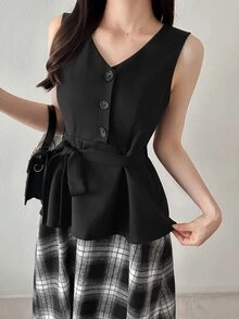 FRIFUL Gaun Panjang Wanita Motif Kotak-kotak Musim Gugur 2 in 1 - Hitam - View 7
