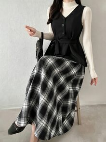 FRIFUL Gaun Panjang Wanita Motif Kotak-kotak Musim Gugur 2 in 1 - Hitam - View 1