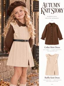 SHEIN Elladie kids Young Girls 2pcs Autumn Clothes Set Brown Flounce Sleeve Shirt Dress & Slit Hem Ruffle Rib-Knit Pinafore Dress Preppy Style Outfits - Apricot - View 1