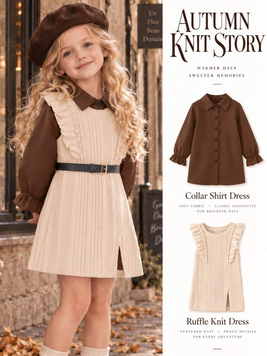 SHEIN Elladie kids Young Girls 2pcs Autumn Clothes Set Brown Flounce Sleeve Shirt Dress & Slit Hem Ruffle Rib-Knit Pinafore Dress Preppy Style Outfits - Apricot - View 1