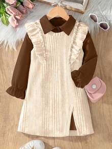 SHEIN Elladie kids Young Girls 2pcs Autumn Clothes Set Brown Flounce Sleeve Shirt Dress & Slit Hem Ruffle Rib-Knit Pinafore Dress Preppy Style Outfits - Apricot - View 8