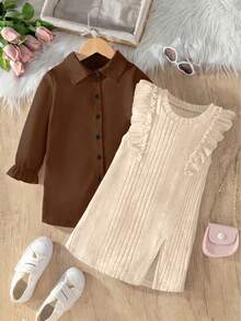 SHEIN Elladie kids Young Girls 2pcs Autumn Clothes Set Brown Flounce Sleeve Shirt Dress & Slit Hem Ruffle Rib-Knit Pinafore Dress Preppy Style Outfits - Apricot - View 4