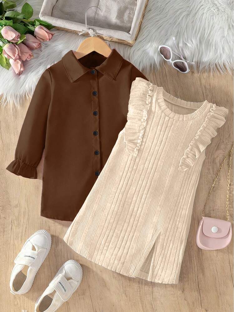 SHEIN Elladie kids 女童 2 件組秋季服飾套裝 棕色荷葉袖襯衫洋裝與開衩下擺荷葉邊羅紋針織背心裙 學院風穿搭 - 杏色 - 查看 4