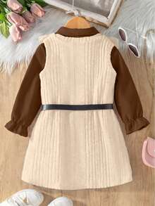 SHEIN Elladie kids Young Girls 2pcs Autumn Clothes Set Brown Flounce Sleeve Shirt Dress & Slit Hem Ruffle Rib-Knit Pinafore Dress Preppy Style Outfits - Apricot - View 2