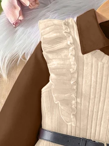 SHEIN Elladie kids Young Girls 2pcs Autumn Clothes Set Brown Flounce Sleeve Shirt Dress & Slit Hem Ruffle Rib-Knit Pinafore Dress Preppy Style Outfits - Apricot - View 5