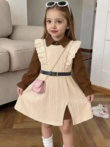 SHEIN Elladie kids Young Girls 2pcs Autumn Clothes Set Brown Flounce Sleeve Shirt Dress & Slit Hem Ruffle Rib-Knit Pinafore Dress Preppy Style Outfits - Apricot - View 3