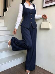 Elenzga Elegant Commute Striped Tank Top & Pants 2 Pieces Set - Blue - View 5