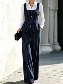 Elenzga Elegant Commute Striped Tank Top & Pants 2 Pieces Set - Blue - View 4