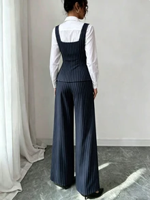 Elenzga Elegant Commute Striped Tank Top & Pants 2 Pieces Set - Blue - View 2