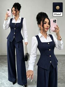 Elenzga Elegant Commute Striped Tank Top & Pants 2 Pieces Set - Blue - View 1