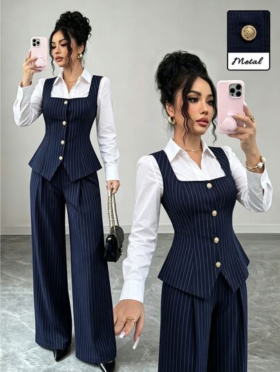 Elenzga Elegant Commute Striped Tank Top & Pants 2 Pieces Set