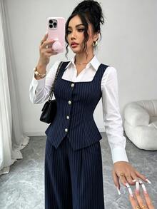 Elenzga Elegant Commute Striped Tank Top & Pants 2 Pieces Set - Blue - View 3