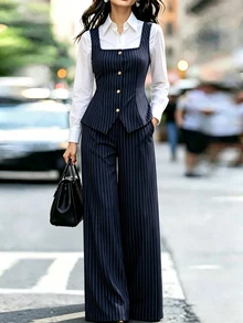 Elenzga Elegant Commute Striped Tank Top & Pants 2 Pieces Set - Blue - View 6
