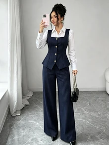 Elenzga Elegant Commute Striped Tank Top & Pants 2 Pieces Set - Blue - View 7