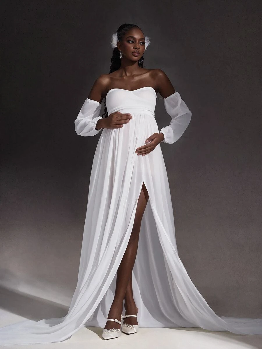 Cheriluna Maternity Solid Color Off-Shoulder Lantern Sleeve Long Slit Mesh Maternity Maxi Dress - White - View 1