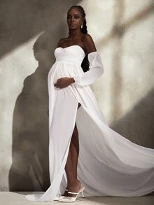 Cheriluna Maternity Solid Color Off-Shoulder Lantern Sleeve Long Slit Mesh Maternity Maxi Dress - White - View 6