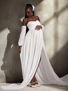 Cheriluna Maternity Solid Color Off-Shoulder Lantern Sleeve Long Slit Mesh Maternity Maxi Dress - White - View 4