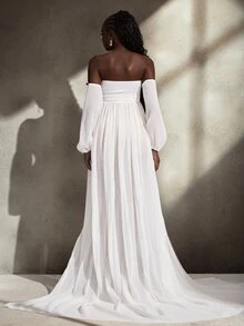 Cheriluna Maternity Solid Color Off-Shoulder Lantern Sleeve Long Slit Mesh Maternity Maxi Dress - White - View 3