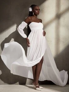 Cheriluna Maternity Solid Color Off-Shoulder Lantern Sleeve Long Slit Mesh Maternity Maxi Dress - White - View 5
