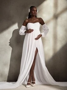 Cheriluna Maternity Solid Color Off-Shoulder Lantern Sleeve Long Slit Mesh Maternity Maxi Dress - White - View 2