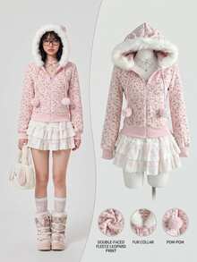 Elamini Jaket Berkerudung dengan Motif Cetak Seluruh Permukaan dan Trim Berbulu - Berwarna merah muda - View 1