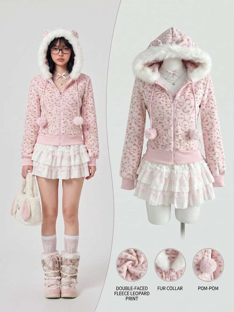 Elamini Jaket Berkerudung dengan Motif Cetak Seluruh Permukaan dan Trim Berbulu - Berwarna merah muda - View 1