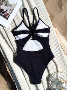 SHEIN Swim Summer Beach Solid Color Spaghetti Straps One Piece Swimsuit - Navy Blue - View 5