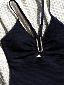 SHEIN Swim Summer Beach Solid Color Spaghetti Straps One Piece Swimsuit - Navy Blue - View 9