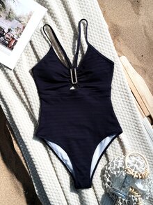 SHEIN Swim Summer Beach Solid Color Spaghetti Straps One Piece Swimsuit - Navy Blue - View 4