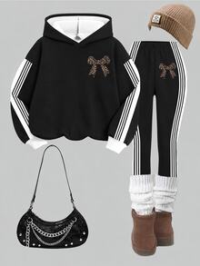 Tween Girls Hooded Drop Shoulder Sweatshirt & Slim Fit Leggings 2 Pieces Set, Thermal Lined - Multicolor - View 3