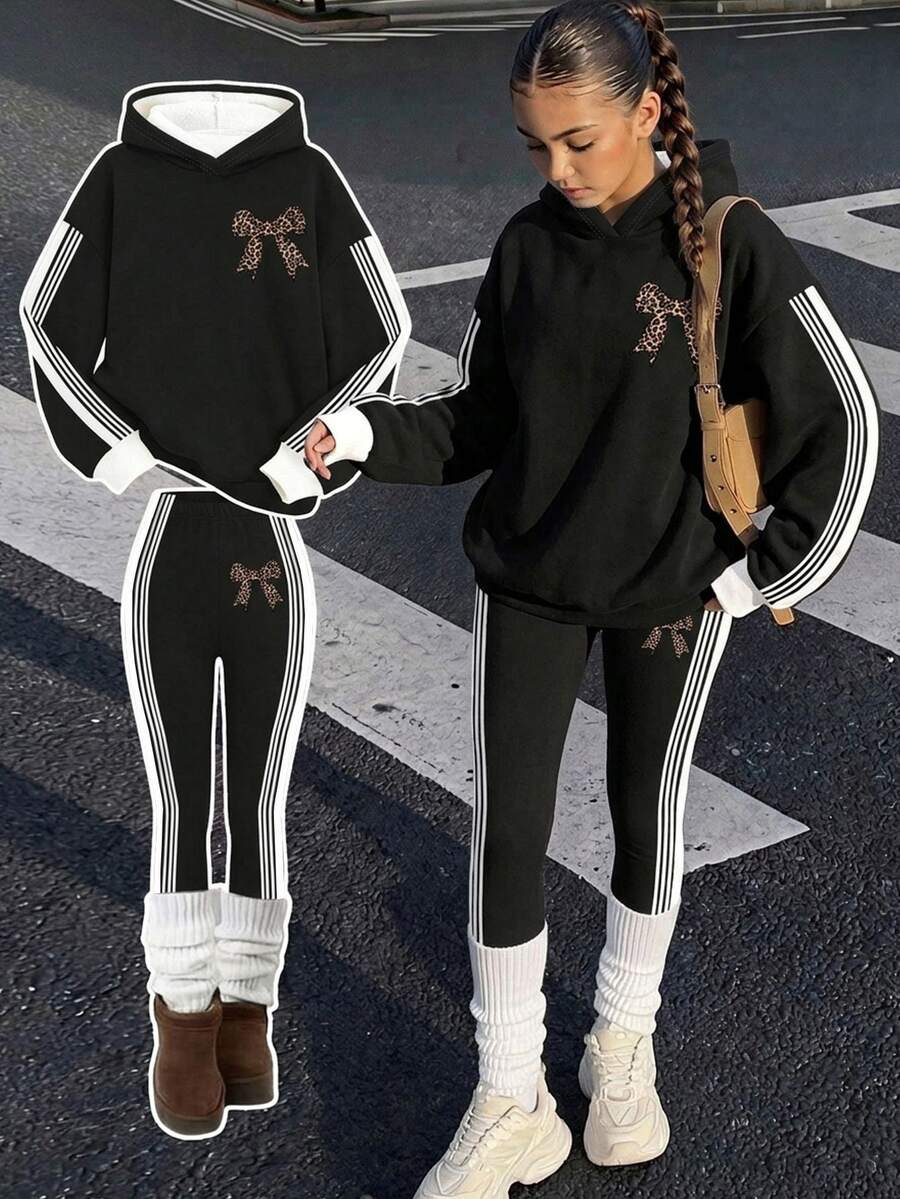 Tween Girls Hooded Drop Shoulder Sweatshirt & Slim Fit Leggings 2 Pieces Set, Thermal Lined - Multicolor - View 1